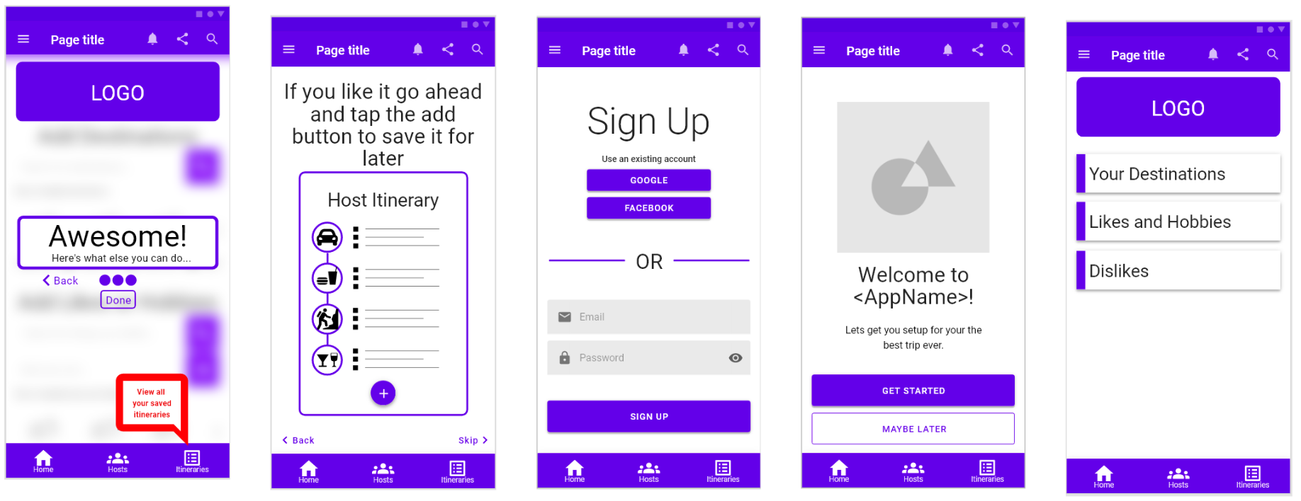 Five-screen digital wireframe set in Adobe XD showing the home itinerary, host itinerary, sign up, welcome, and profile settings flows.