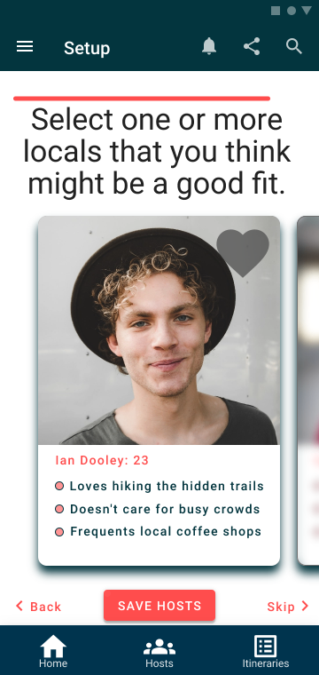 Host selection screen prompting the user to select one or more locals that might be a good fit.