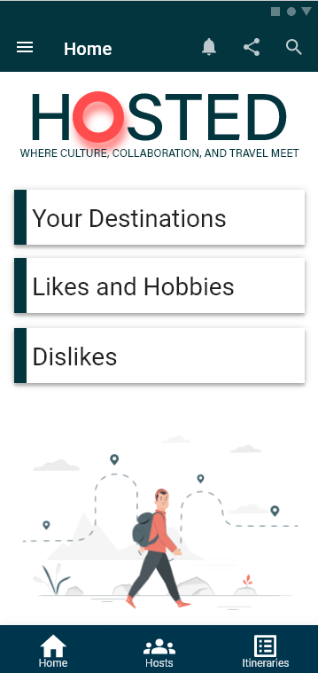 Home screen showing Your Destinations, Likes and Hobbies, and Dislikes entry points.