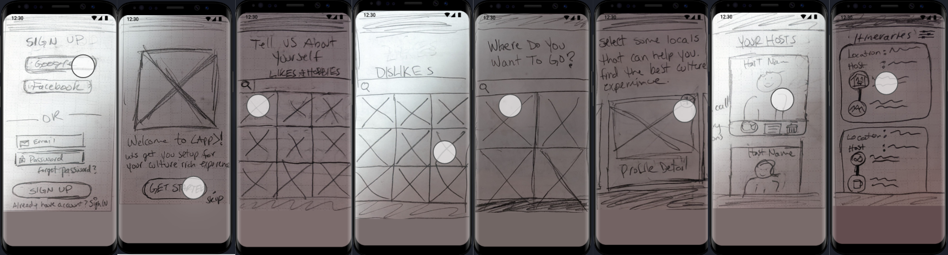 Eight-screen lo-fi clickable prototype showing sign up, welcome, likes and hobbies, dislikes, destination selection, host selection, saved hosts, and itineraries.