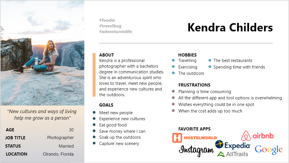 User persona of Kendra Childers, a 30-year-old photographer and traveller from Orlando, Florida.