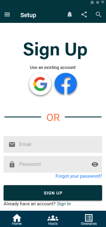 Sign up screen with social login options and email/password fields.